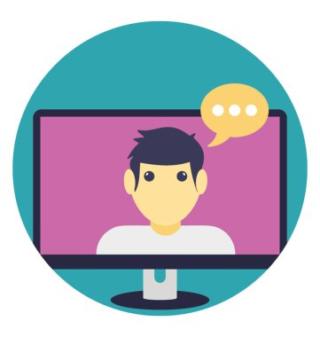 Bir monitör ekran görüntülü görüşme kavramı sunan bir adam avatar ile