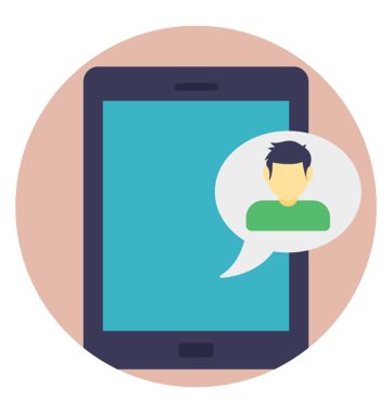 Görüntülü arama kavramı sunulması konuşma balonu içinde bir adam avatar ile hareket eden bir ekran