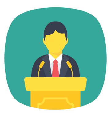 Mikrofon konuşma kavramı temsil eden kürsü üzerinde duran bir kişi