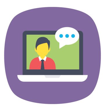 Bir monitör ekran ile online danışmanlık temsil eden bir kişi ve konuşma balonu