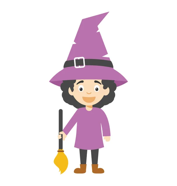 小女孩女巫卡通人物与她的扫帚 — 图库矢量图片