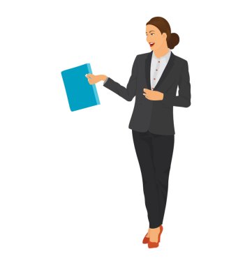 Konuşan kadın ofis işçi Ajan mavi dosya klasörü elinde tutan 