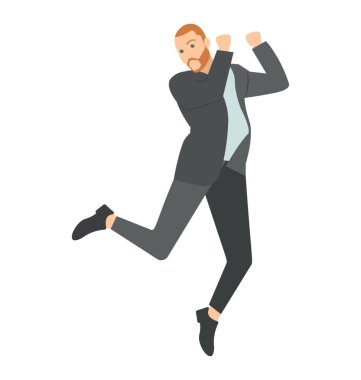 Yakışıklı erkek iş yürütme sakal zafer dans onun başarı ve başarı ile 