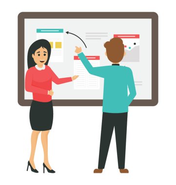 Beyaz tahta üzerinde iki genç iş adamları iş hakkında tartışmaya planı 