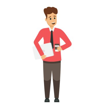 Genç şık iş kişi kahve fincanı ve holding dosyaları ile 