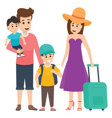 Bir aile plaj tatil için mutlu hazır taşıyan çocuk ve Bagaj anne-babalar.
