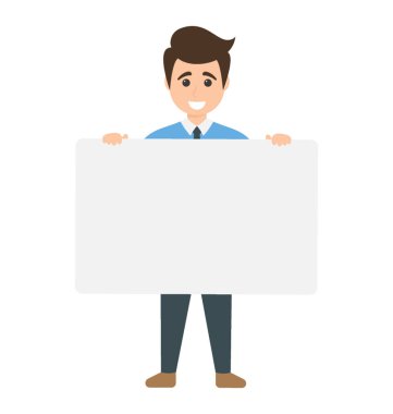 Bir iş adamı afişini boş boşaltmak için slogan veya metin reklam ile ile 