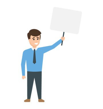 Mutlu gülümseyen genç işadamı gösteren boş afişini portresi