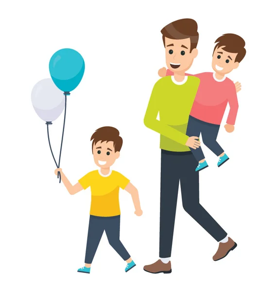 Pai Com Seu Filho Segurando Balões Uma Celebração Familiar Feliz — Vetor de Stock
