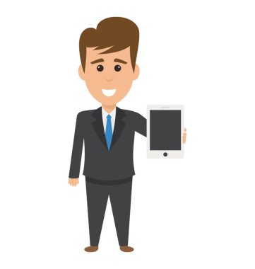 Bir işadamı holding tablet Pc veya boş ekran ile yastık