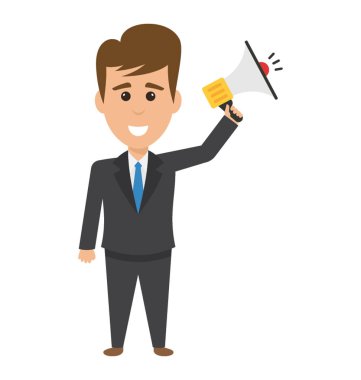 İş duyuru yapmak bir megafon tutan bir çizgi film karakteri