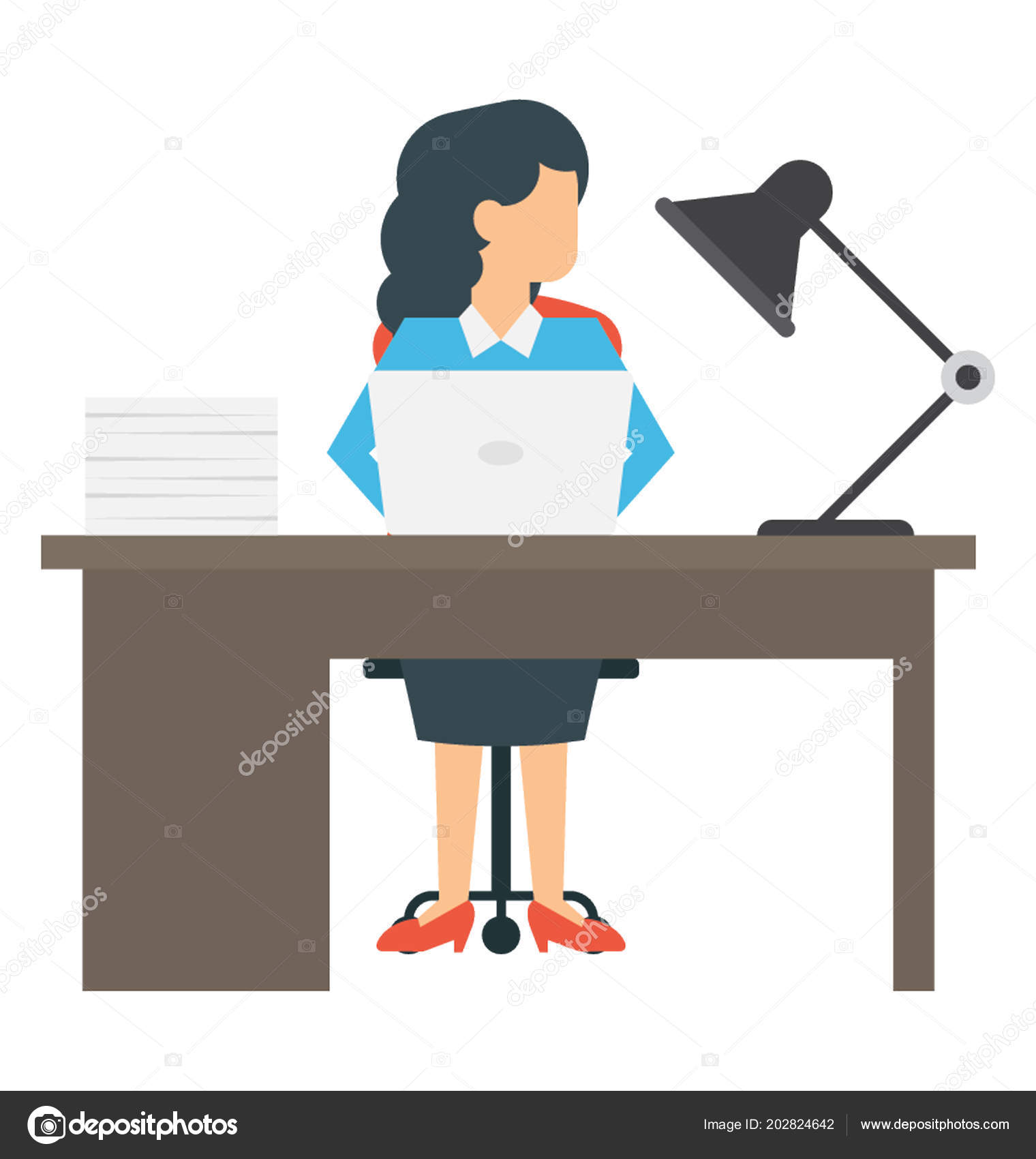 Female Office Worker Sitting Her Office Desk Best Icon Describe