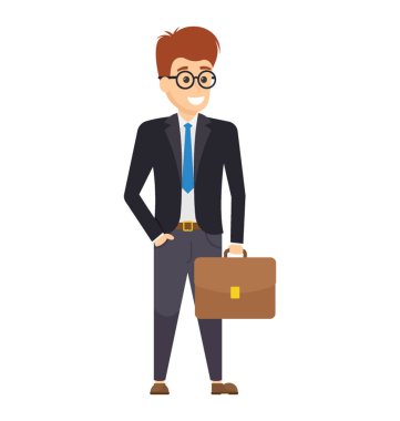 Üç parça kravat takım elbise ve evrak çantası elinde o iş için hazır olduğunu gösteren ayakta bir Yöneticisi