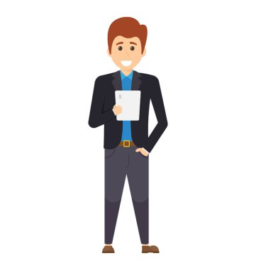 Bir genç erkek iş yöneticisi Office önemli belgeyi okurken ayakta duruş ile takım elbise kumaşı