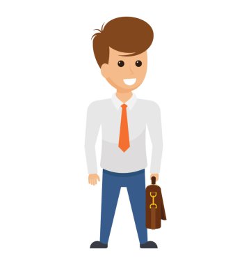 Bir gülümseme resmeden ile bir evrak çantası'nı ayakta tutan bir erkek avatar işadamı memnun