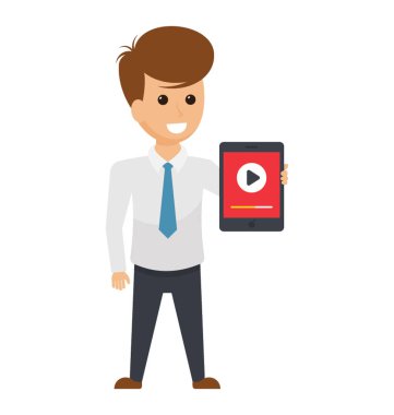 Dolayısıyla çokluortam sunusu gösteren video oynarken elektrik Gadget'ı tutan bir iş adamı.