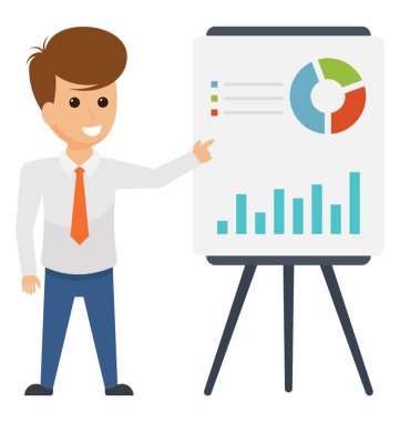 Bir takım lideri avatar ayakta sunum panosu grafikler bir iş planı eller grafik üzerinde olması ile.