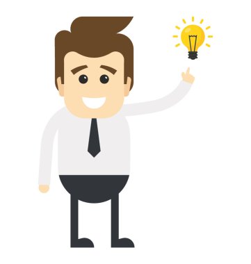 Office karakter duran düz yepyeni fikirler üreterek yenilikçi olmanın jest gösterilen ampul ile insan avatar 