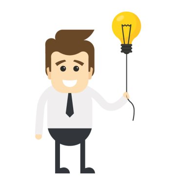 Office karakter duran düz yepyeni fikirler üreterek yenilikçi olmanın jest gösterilen ampul ile insan avatar 