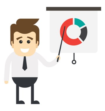 İş tanıtımı kavramı sağlayan bir pasta grafikte işaret mutlu iş kişi elinde, sunu işaretçisiyle 