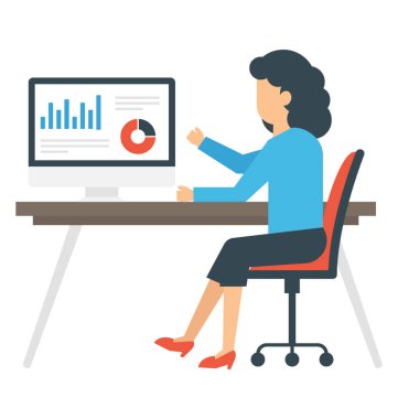 Pasta grafik ve çubuk grafik iş büyüme Analizi fikri gösterilen ile tasvir Lcd ekran önünde oturan kadın işçi 