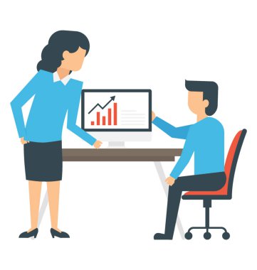 Ofiste bilgisayar başında seyir toplantısı iki genç iş adamları çözümlenirken iş grafikler ekran