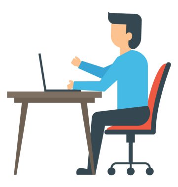 Görüntülü görüşme sahip dizüstü bilgisayar önünde oturan bir ofis çalışanı
