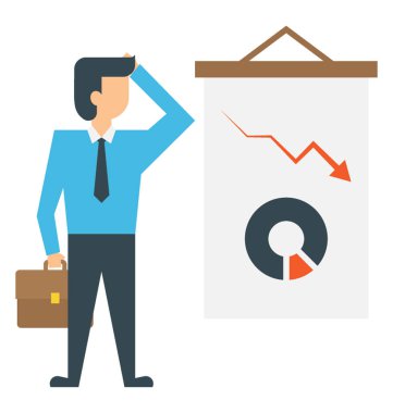 Önünde ayakta pasta grafiği üzerinde kafa şaşkın jest veren el ile karışık bir hatip çizgi film karakteri 