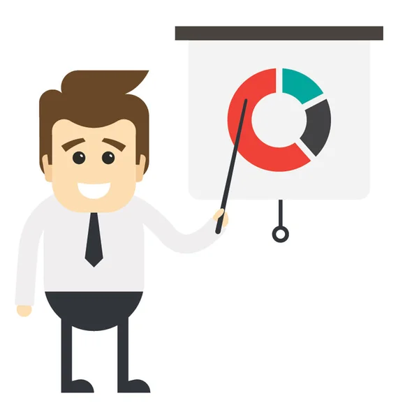 Glücklicher Geschäftsmann Mit Präsentationszeiger Der Hand Der Auf Ein Kuchendiagramm — Stockvektor