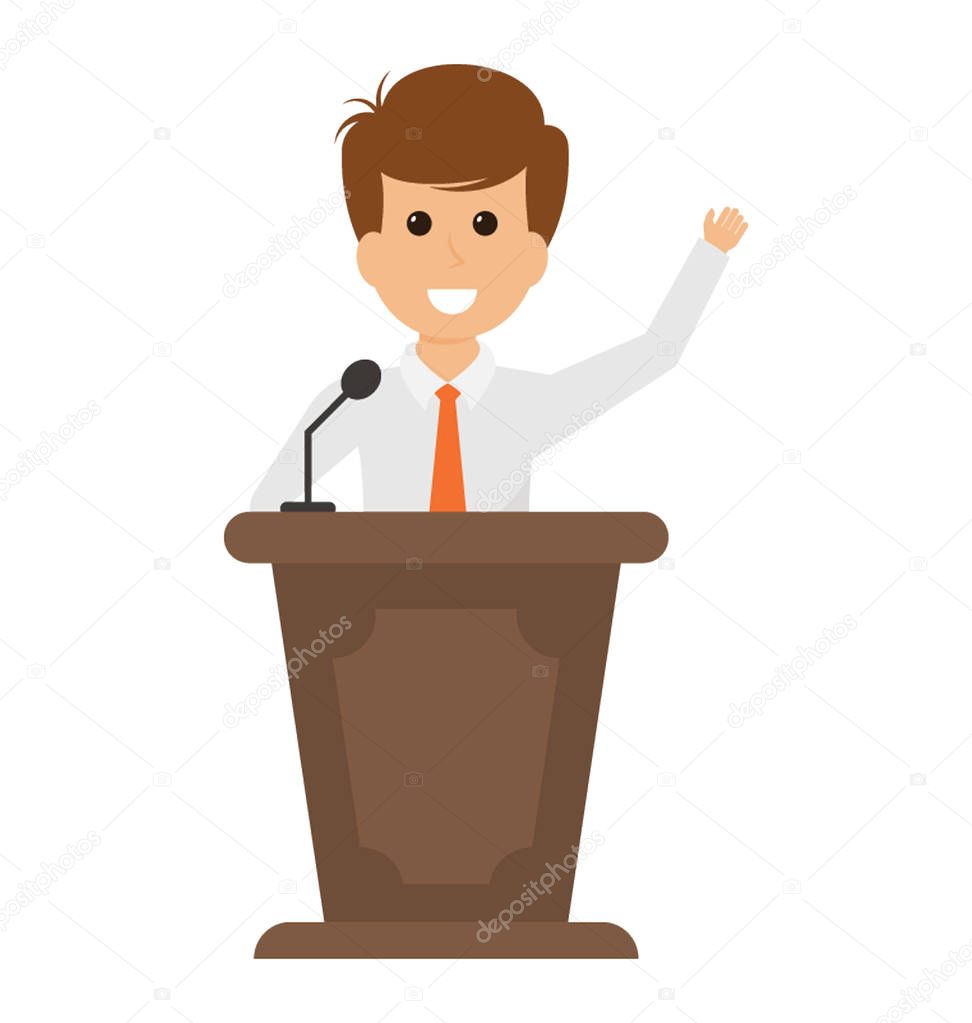 A male avatar designed as a businessman delivering speech