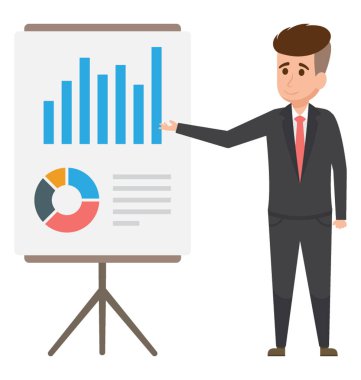 İş değerlendirme gösterilen grafik sunumu ile bir sunum tahtada bir yürütme avatar ayakta 