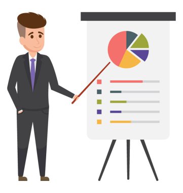 Pasta grafiği grafik sunum simgeleyen bir tahta üzerinde doğru dönük ve ayakta bir işadamı 