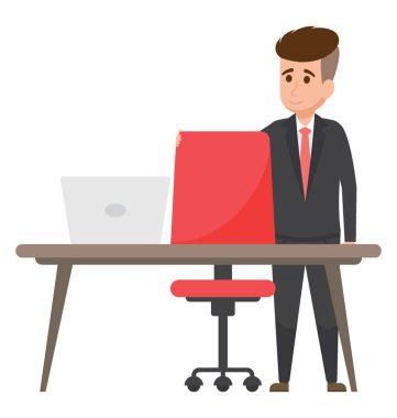 Bir ofis patron çalışan, s tablo duran ve gözetim simgeleyen dizüstü bilgisayar kontrol