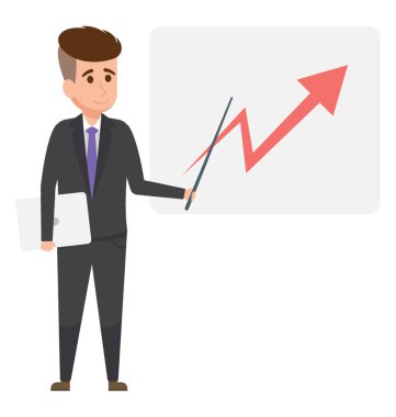 Bir iş kişi yükselterek grafik ile ayakta ve ona doğru iş analisti temsil eden işaret.