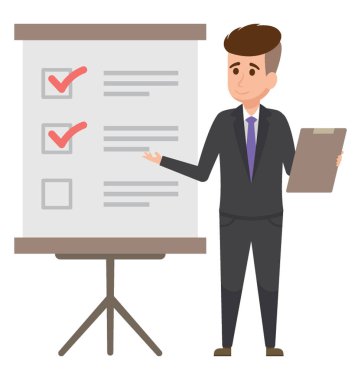 Satış hedefi ve yönetimi ile ilgili geribildirim sunmak sunu tahta üzerinde duran bir işadamı 