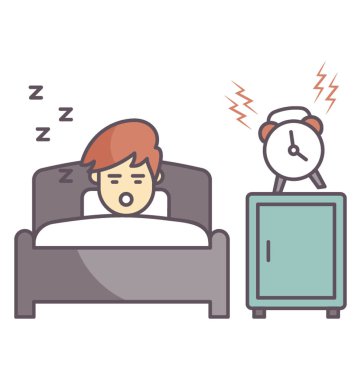 Yatak odası ve sabah alarmı içinde uyuyan bir adam çalıyor, uyanmak-yukarıya zaman kavramı 