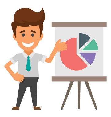 Bir pasta grafik ve iş ile ilgili istatistiksel analiz tasvir gemide istatistikleri doğru işaret eden bir iş adamı.