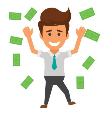 mutlu işadamı başarı ayakta düşen para yağmur banknot para altında kutluyor