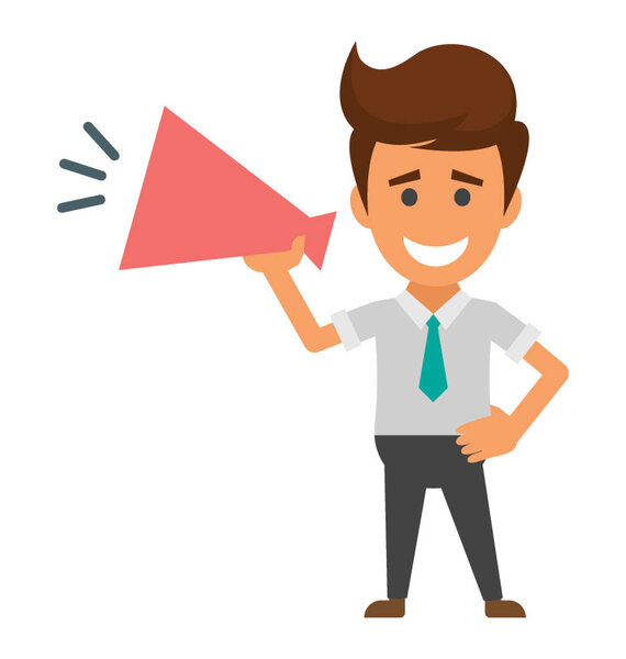 Человек с мегафоном, показывающий деловое объявление
