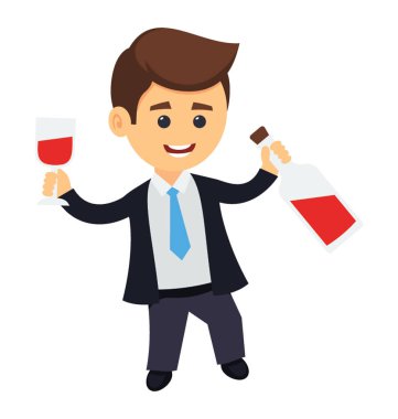 A cartoon character holding a drink bottle and a glass showing celebration concept clipart
