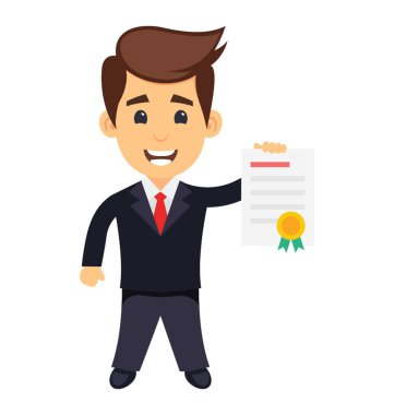 Genç işadamı gösterilen bir sertifika, işletme belgesi gülümseyen 