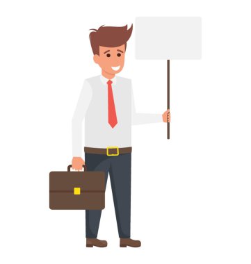 Boş tasarlamak ve holding evrak çantası'nı gösteren mutlu gülümseyen genç işadamı portresi