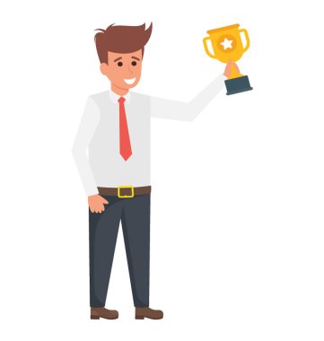 Bir kişi ona bir kazanan olmak için gösterilen bir kupa ile