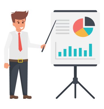 İş kişi ve sunuyu gösteren pasta grafik ile bir stand kurulu