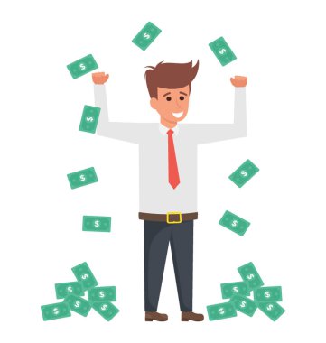 mutlu işadamı başarı ayakta düşen para yağmur banknot para altında kutluyor