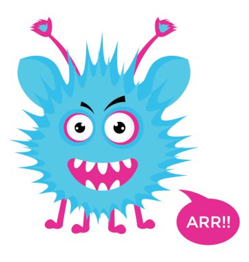 Sevimli çizgi kabarık canavar ile ARR mesaj kabarcık, düz vektör simge görüntüsünü hırlıyor 