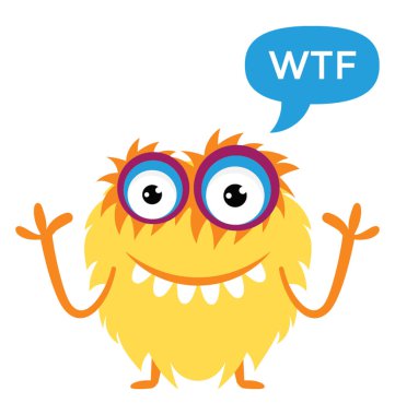 Sarı renkli büyük çizgi film oyun canavar Wtf işaretiyle gözlü