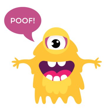 Büyük göz ve büyük diş korkunç canavar çığlık ve Poof mesaj kabarcık asılmış canavar 