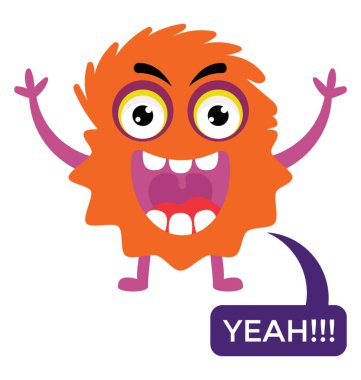 Sevimli çizgi kabarık canavar ile bir Evet mesaj konuşma balonu, düz vektör simge görüntüsünü hırlıyor