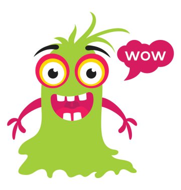 Bir gremlin trol çizgi film karakteri sırıtarak ve koca ağızlı ve Wow mesaj kabarcık ile gülüyor 
